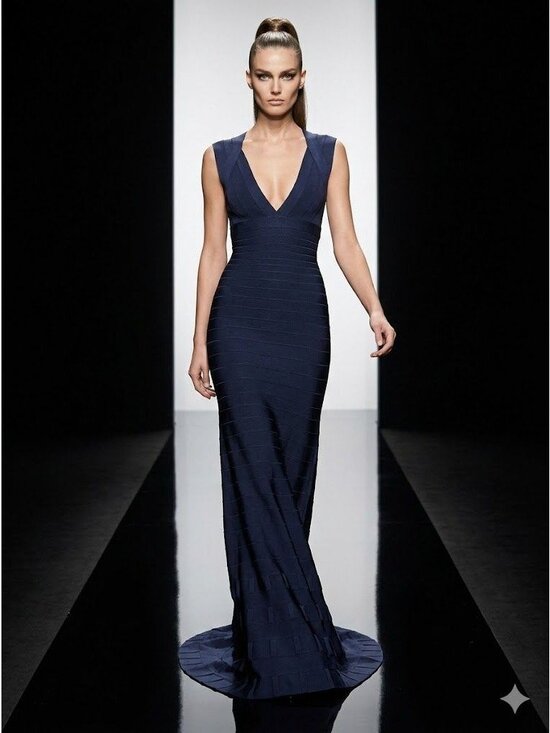 HERVE LEGER Agnes Navy Blue Bandage Gown Maxi Dress Extra Long Red Carpet  Medium